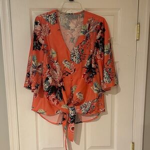 Coral Floral Tie-Front Blouse
